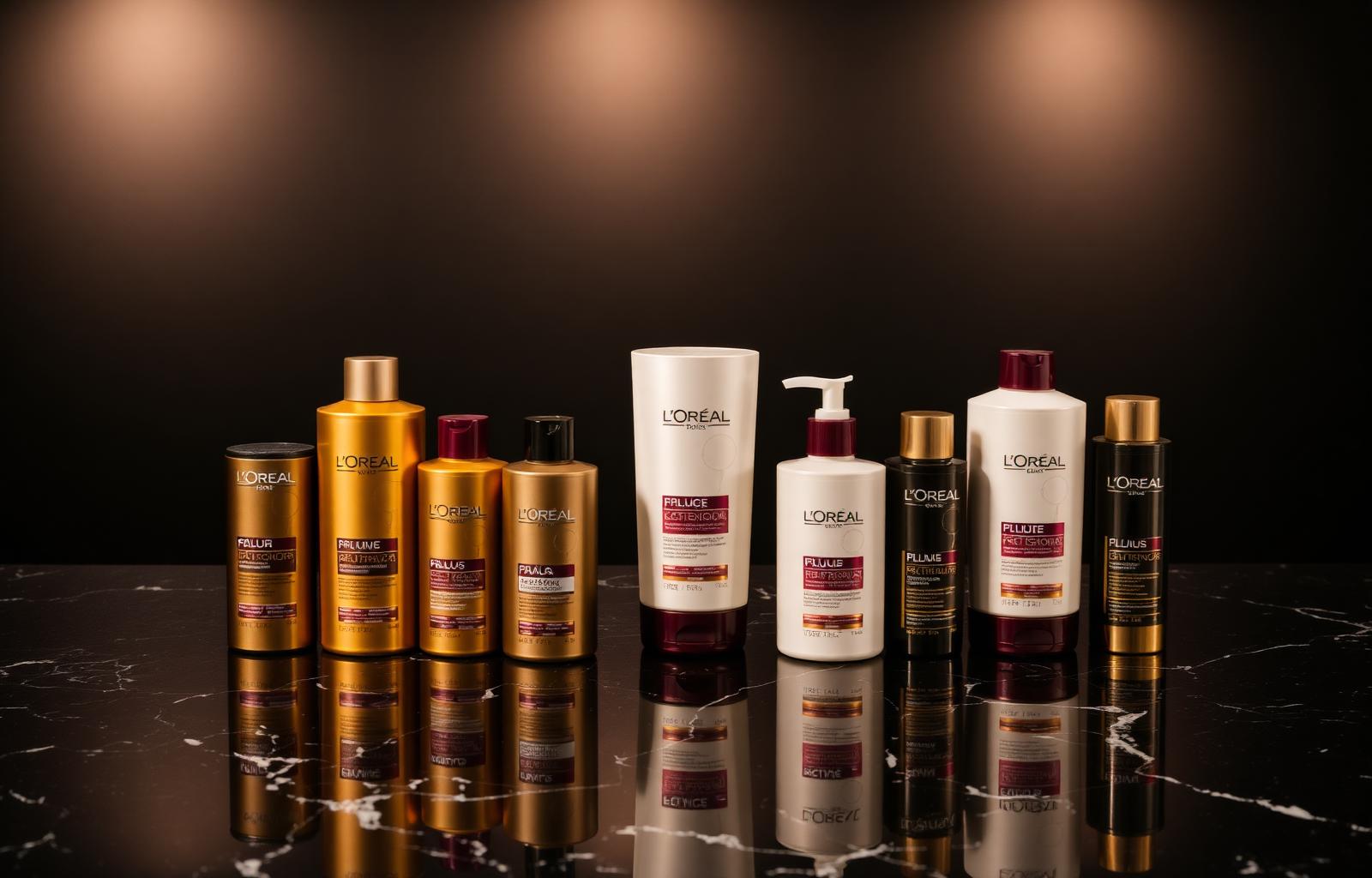 Premium L'Oréal producten op donker marmer